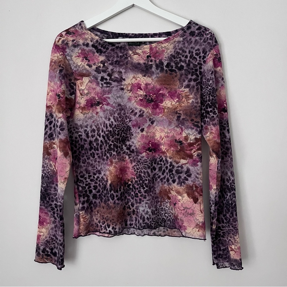 90s Mesh Floral and Leopard Print Blouse